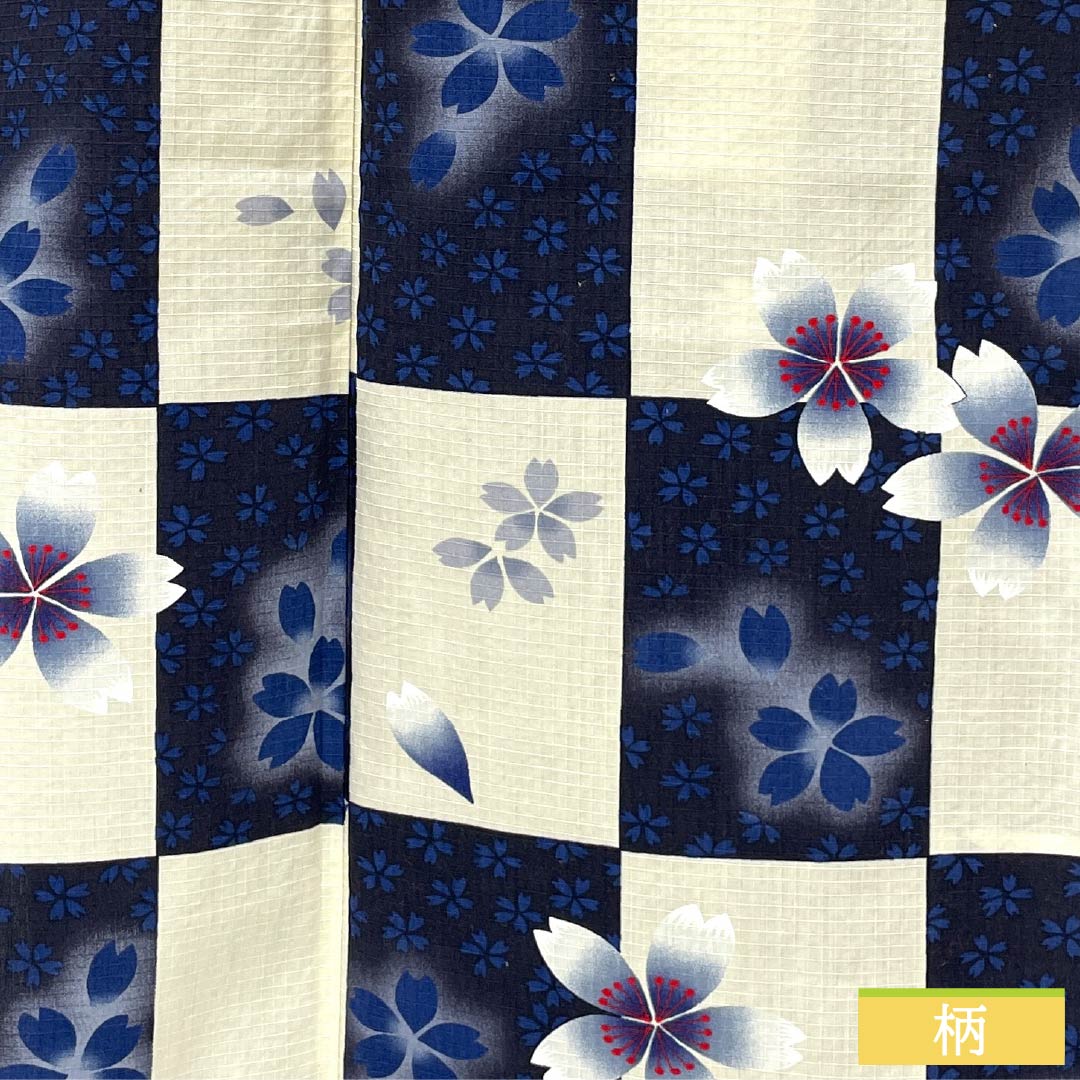 Cotton Yukata, Length 162cm, Sleeve Length 69cm, Rank B, Single-Layer, Gradient, Off-White/Dark Navy, Checkered Pattern, Cherry Blossom Design, Product Number: 1118005994499