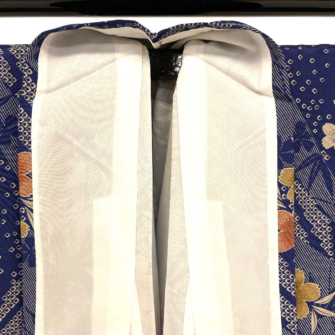 小紋 身丈163cm 裄丈64cm 袷 桜 笹 洗える着物 ポリ Sランク 紺系 1115000782318