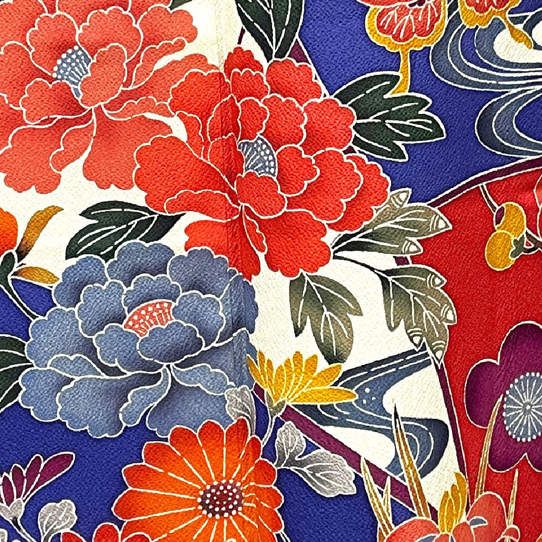 振袖 身丈159cm 裄丈67cm 袷 桔梗色 京紅型 吉祥文様 正絹 Aランク 紺系 1113001703318