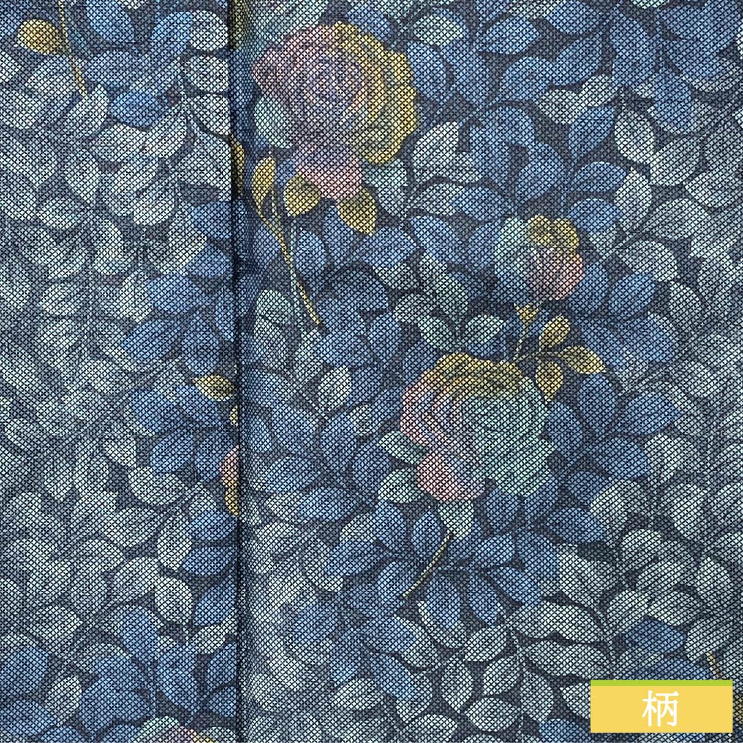 Pure silk tsumugi (pongee) kimono, Grade A, length 171.5cm, sleeve length 68cm, navy blue, rose and leaf motifs, basting thread included, lined, navy blue, product number 1116004373618