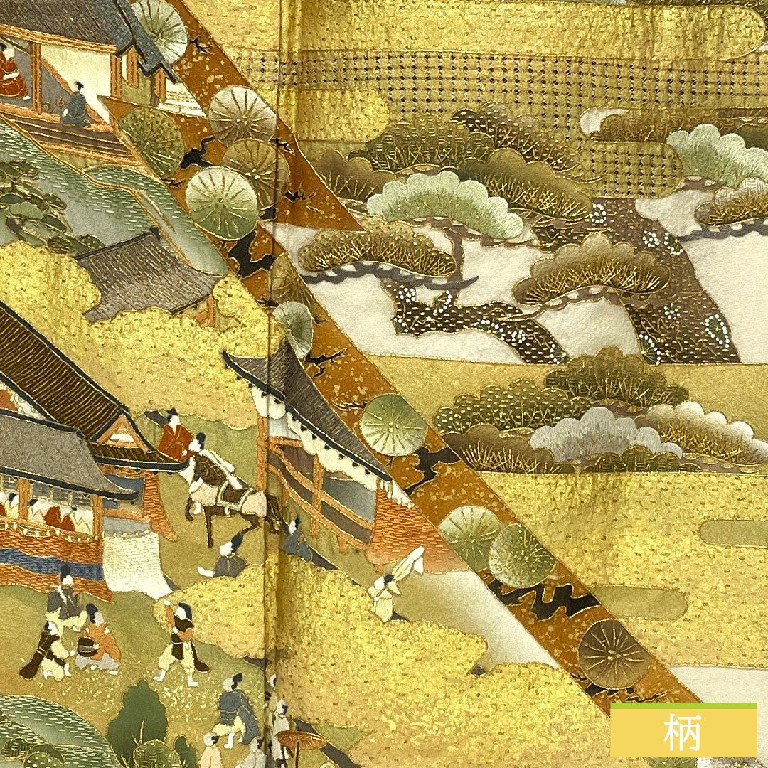 Colored Tomesode, pure silk, length 163cm, sleeve length 64cm, lined, white neri-iro (white paste color), Kyoto Yuzen embroidery, historical figures and landscape pattern, one crest, three oak leaves, pearl tone finish, A rank, beige, 1111001493425