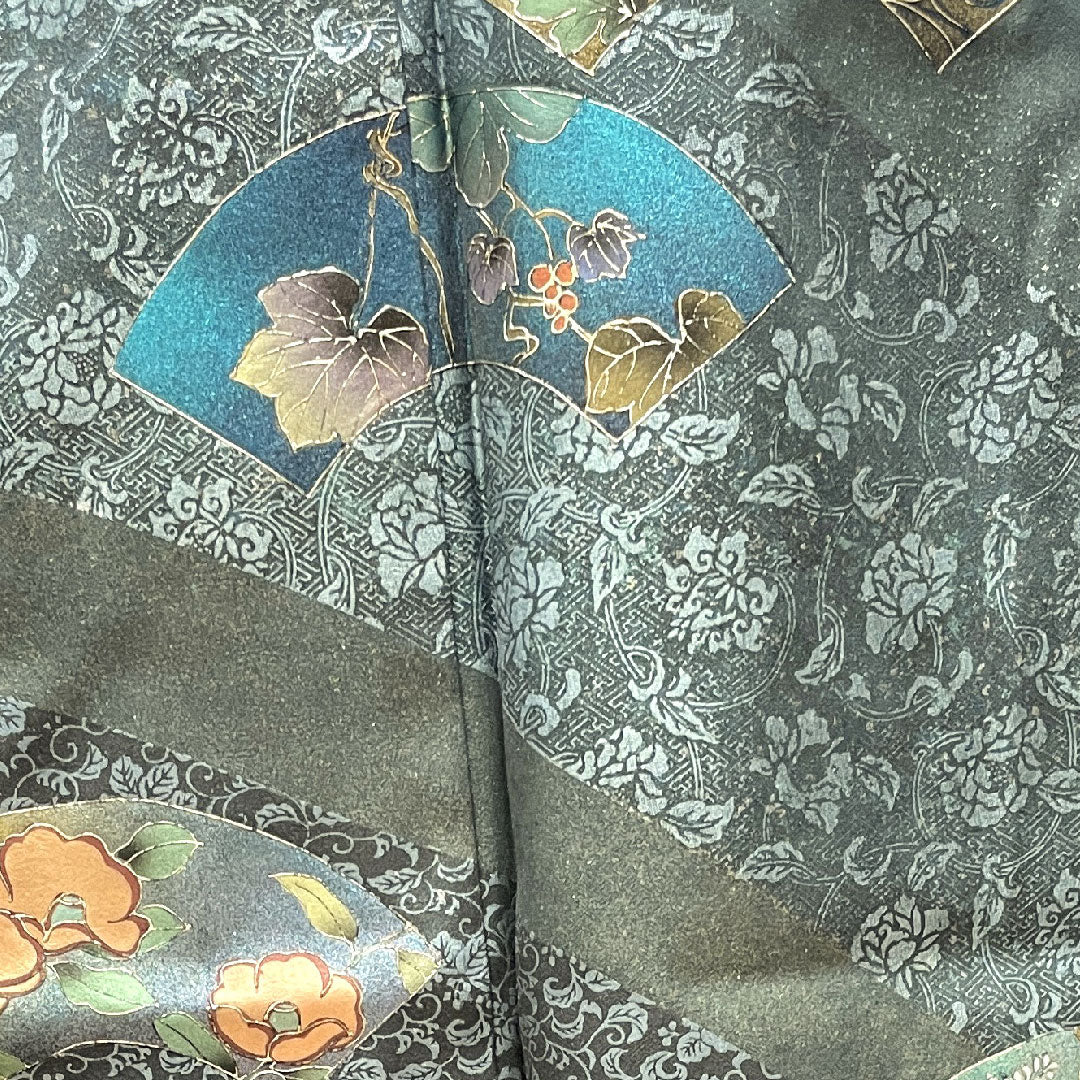 訪問着 袷 身丈154.5cm 裄丈66cm 錆納戸色 金彩加工 扇面 吉祥文様 正絹 Sランク 青系 1112002682217
