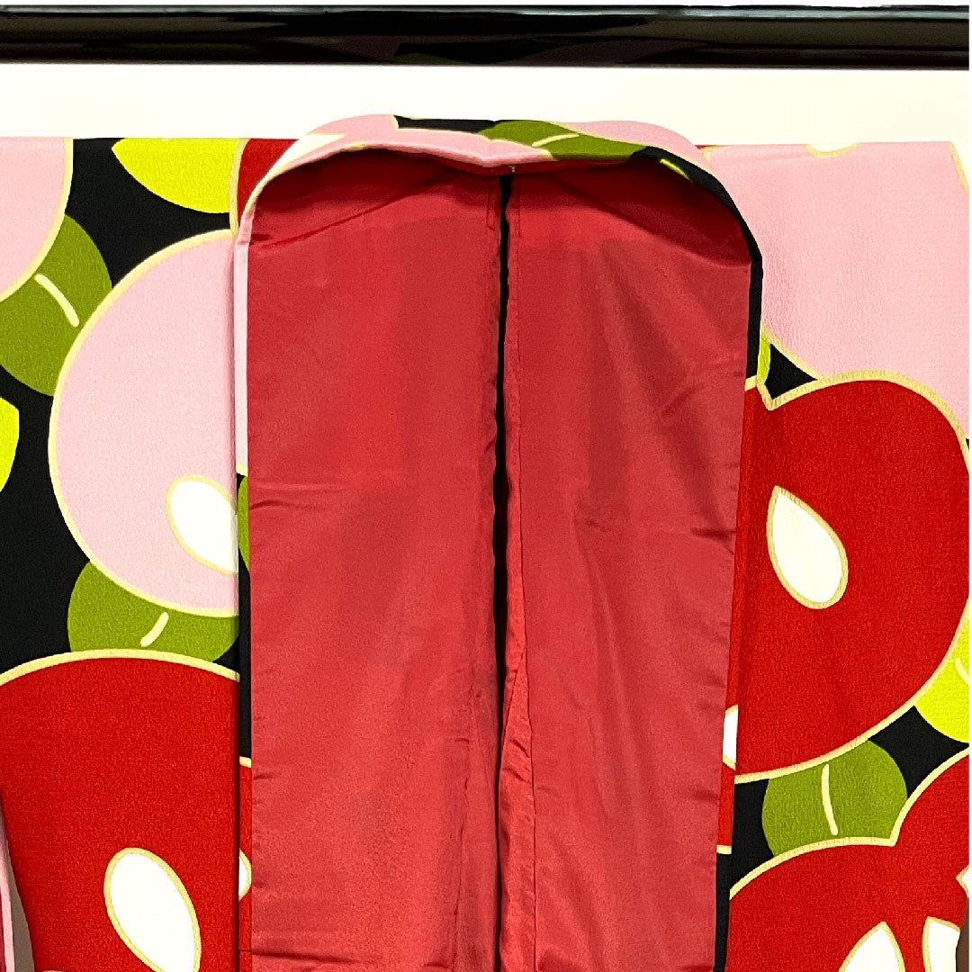 振袖 身丈166.5cm 裄丈67.5cm 袷 洗える着物 橘 ポリ Sランク 黒系 1113001092510