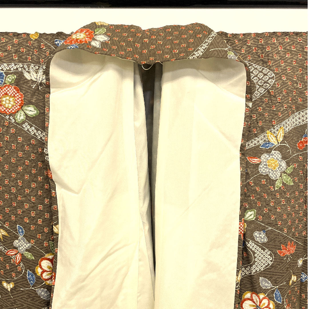 小紋 身丈164cm 裄丈65cm 袷 絞り 流水 花模様 正絹 Sランク 茶系 1115001382414