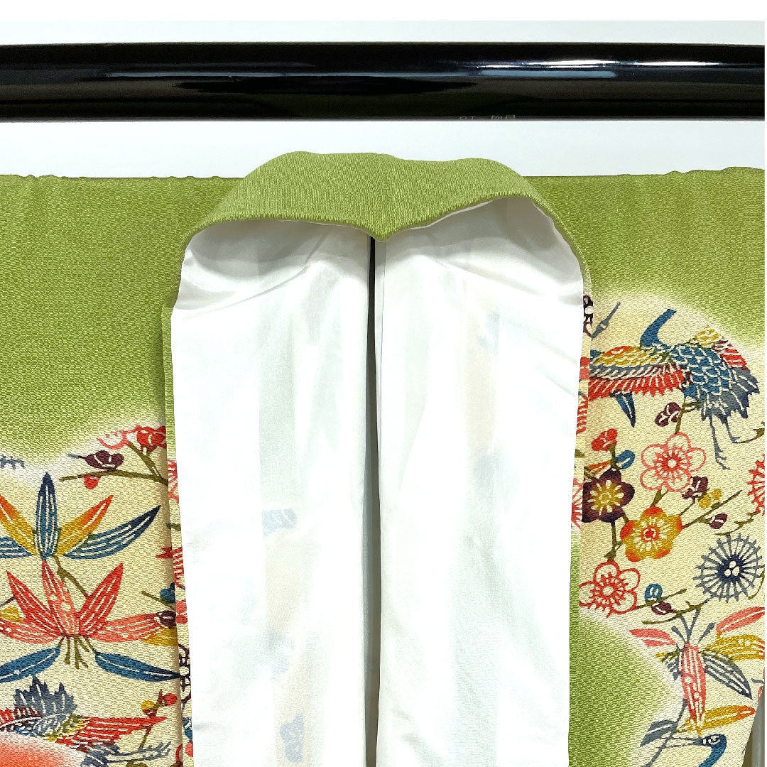 振袖 身丈162cm 裄丈65cm 袷 青丹色 京紅型 吉祥文様 正絹 Sランク 緑系 1113000872419