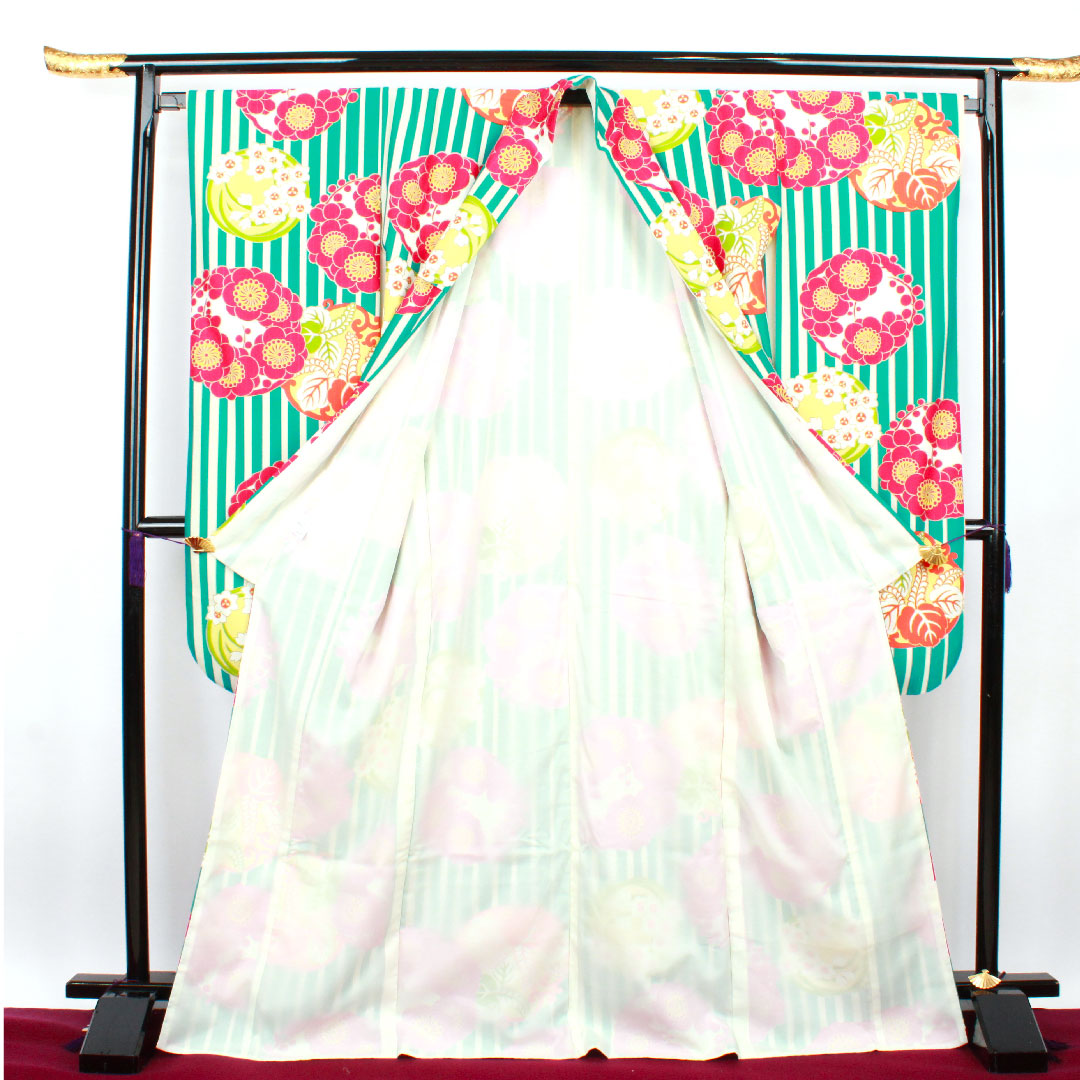 Long-sleeved kimono, Length 171.5cm, Sleeve length 66cm, Awase, Blue, Washable kimono, Plum, Daffodil, Wisteria, Polyester, S rank, Blue series, 1113001192617