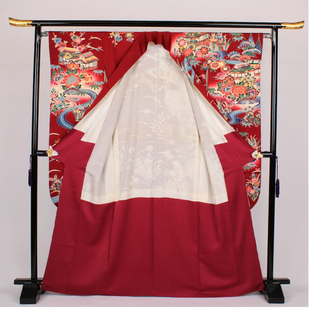 Long-sleeved kimono, length 167cm, sleeve length 66cm, lined, Kyoto Bingata, Chayatsuji pattern, pure silk, A rank, red, 1113000103512