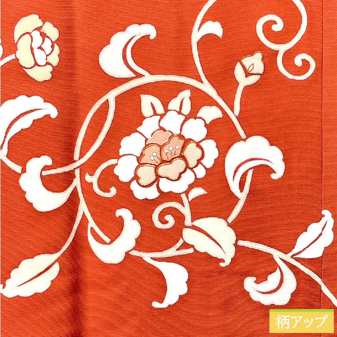 Michiyuki coat, pure silk, length 90.5cm, sleeve length 68cm, benigara color, pearl tone processing, Kyo-Yuzen, floral pattern, S rank, lined, vermilion, 1117000802916