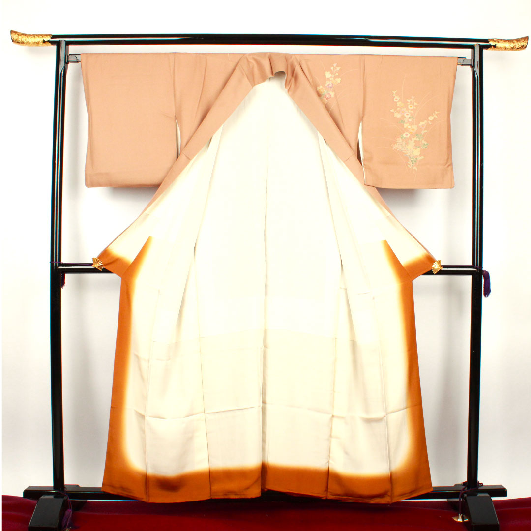 Homongi, lined, length 159cm, sleeve length 64cm, Shiba dyeing, floral pattern, pure silk, S rank, brown, 1112001582314