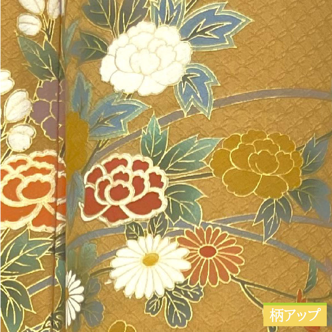 訪問着 袷 身丈163cm 裄丈66cm 枇杷茶色 京友禅 草花模様 正絹 Sランク 茶系 1112003912414