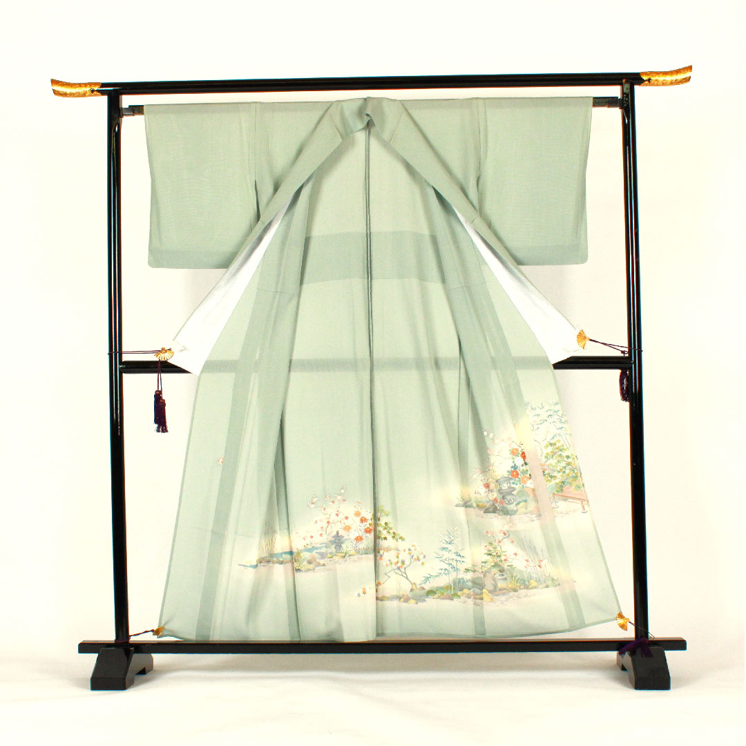 Colored Tomesode, Length 156.5cm, Sleeve Length 64cm, Gauze, Garden Scenery, Artist's Work, Pure Silk, A Rank, One Crest, Green, 1111000153319