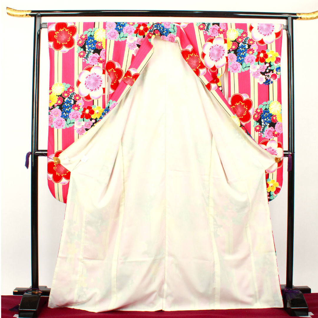 Long-sleeved kimono, length 170.5cm, sleeve length 67cm, lined, scarlet, washable kimono, plum, poly, S rank, pink, 1113001312613