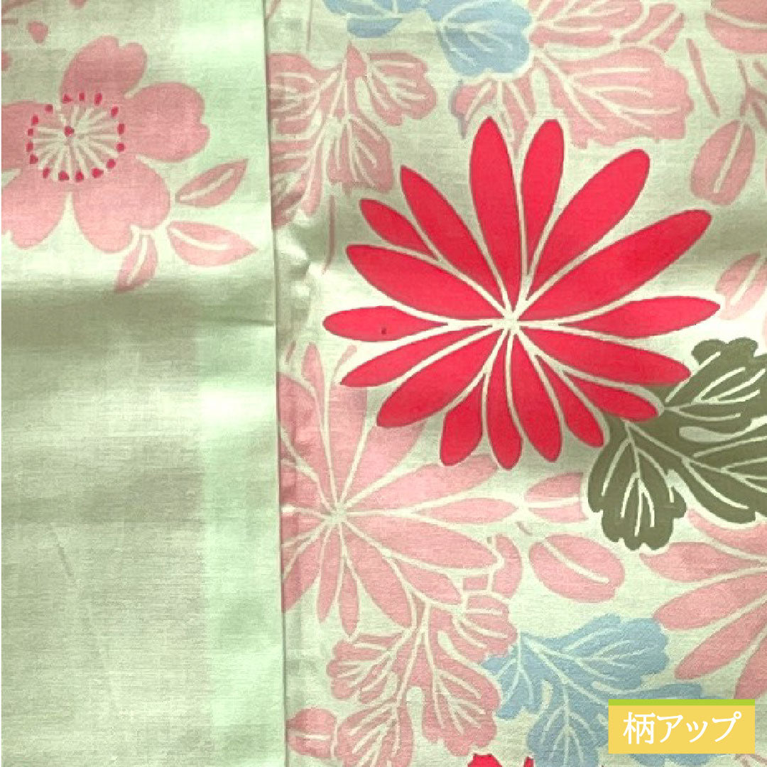 Yukata Cotton Length 168.5cm Sleeve length 64cm S rank Single layer Greenish white-green Chrysanthemum Cherry blossom Bush clover 1118004682519