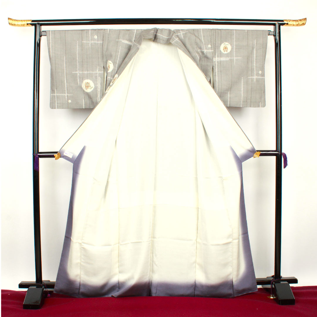 Tsumugi, Length 166cm, Sleeve length 67cm, Gray, Shibori, Owl, Pure silk, S rank, Awase, Gray, 1116002022522