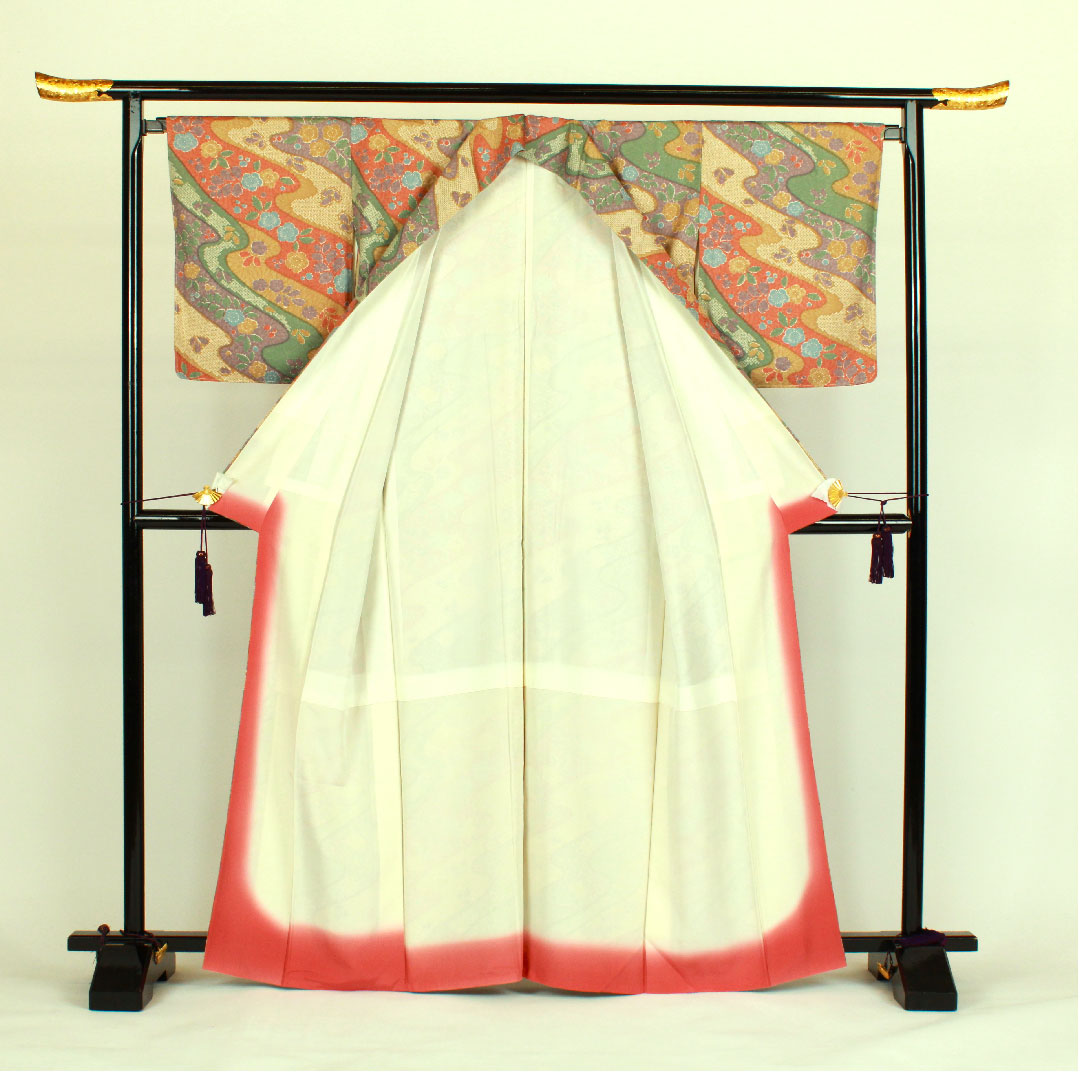Small pattern, Length 166cm, Sleeve length 67cm, Awase, Cherry blossoms, Flowing water pattern, Pure silk, S rank, Yellow, 1115000452523