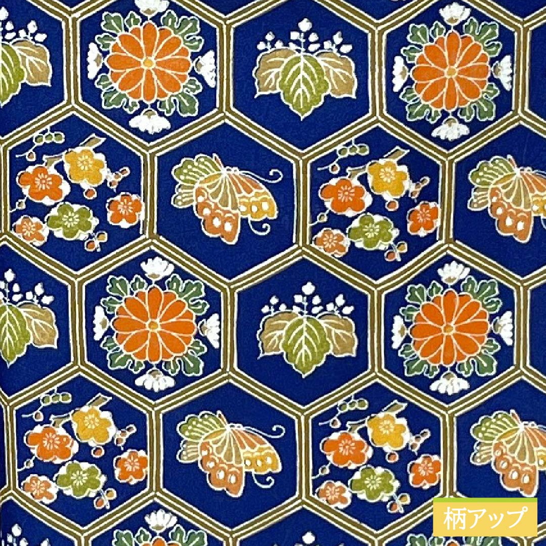 Small-patterned polyester kimono, S rank, length 163cm, sleeve length 64.5cm, lined, navy blue, tortoiseshell pattern, small flowers, plum blossoms, and butterflies, navy blue, product number 1115007302418