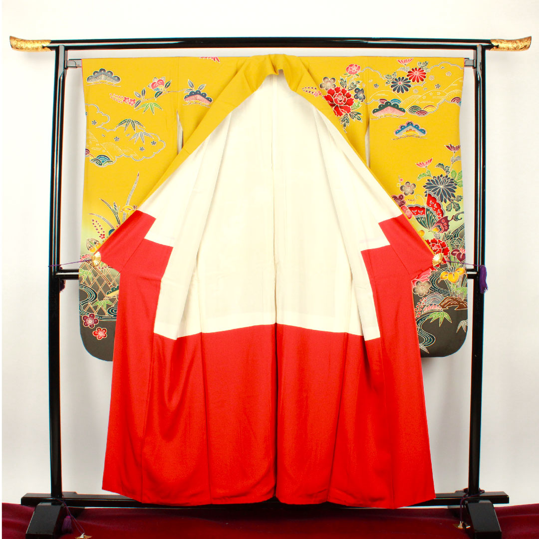 Long-sleeved kimono, length 155.5cm, sleeve length 64.5cm, lined, mustard color, Kyoto Bingata, floral pattern, pure silk, A rank, yellow, 1113000893323
