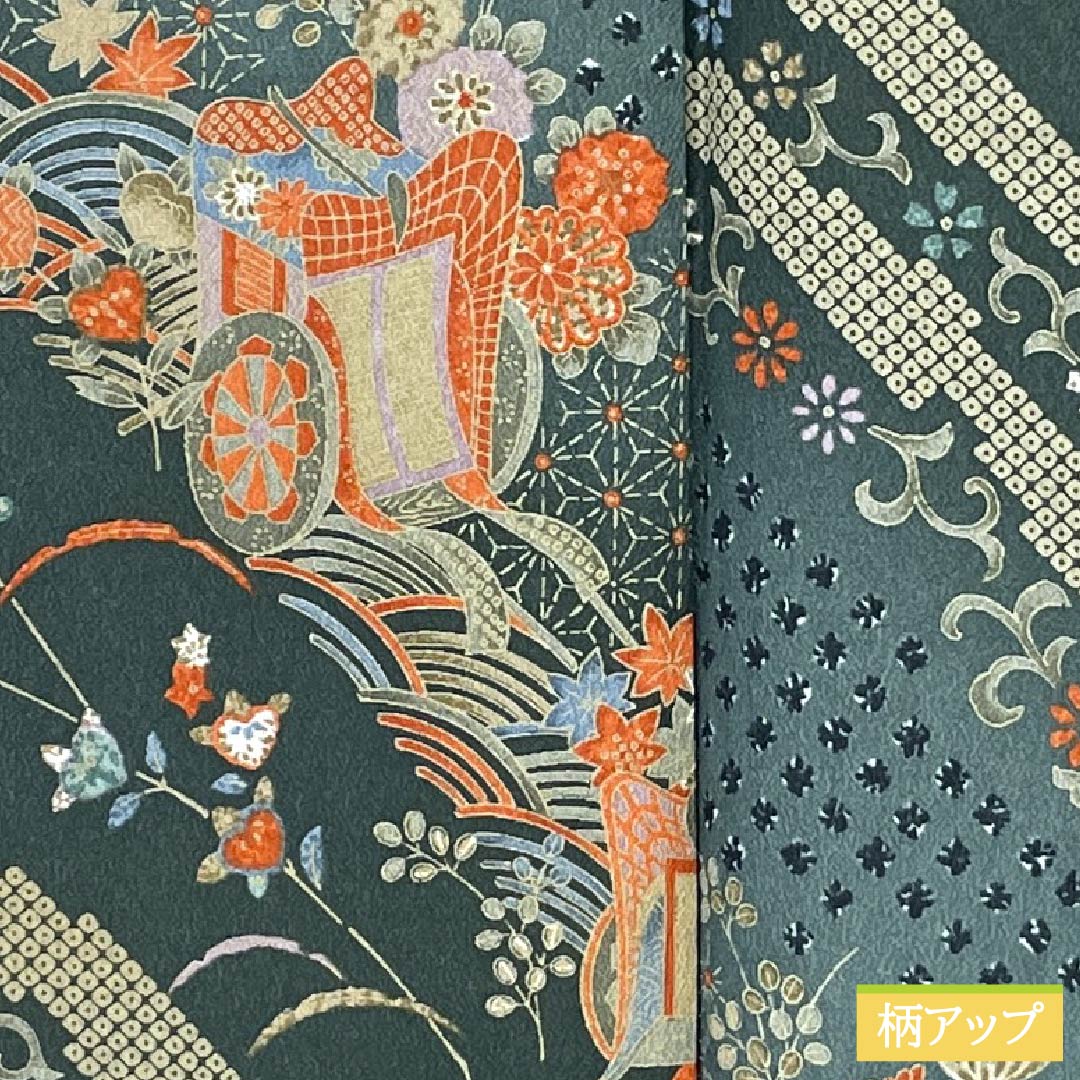 Small-patterned kimono, polyester, S rank, length 161cm, sleeve length 64.5cm, lined, iron-colored (Tetsuiro) and iron-colored (Tetsuonandoiro) with a Goshoguruma (imperial carriage) and flower motif, washable, green, 1115007562419