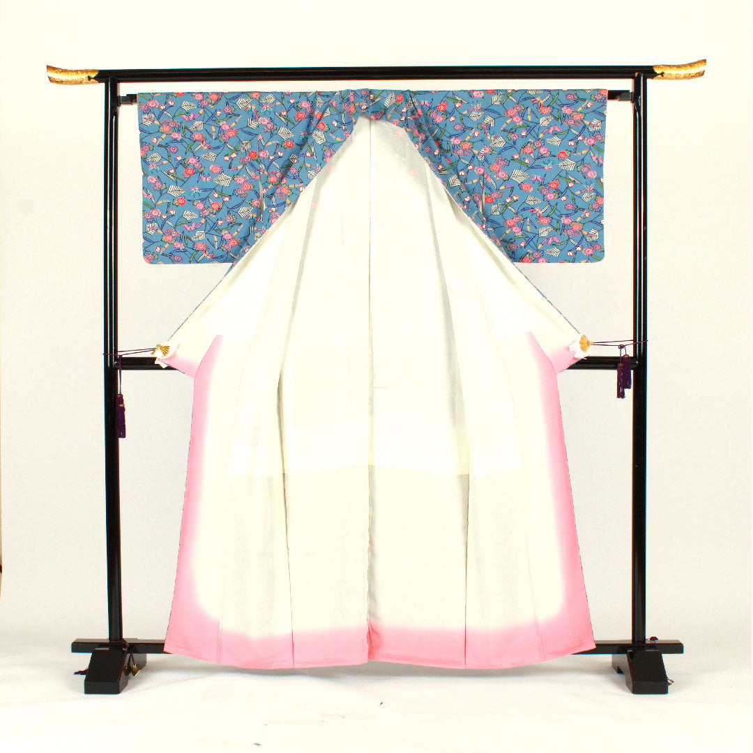 Komon, Length 162cm, Sleeve length 67cm, Lined, Bingata, Pure silk, A rank, Blue, 1115001783417