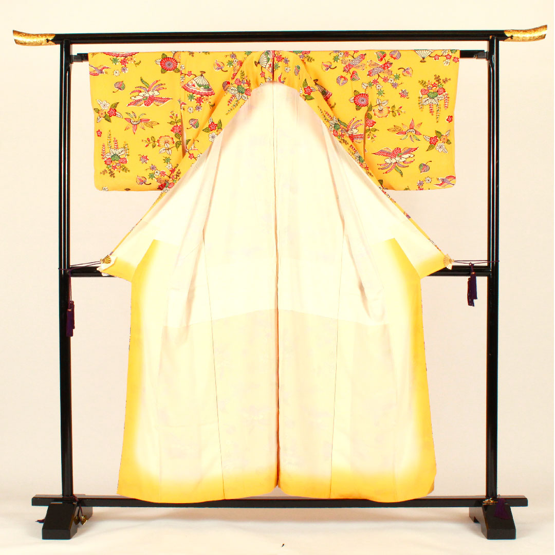小紋 身丈156.5cm 裄丈64cm 袷 紅型 正絹 Aランク 黄系 1115002033323