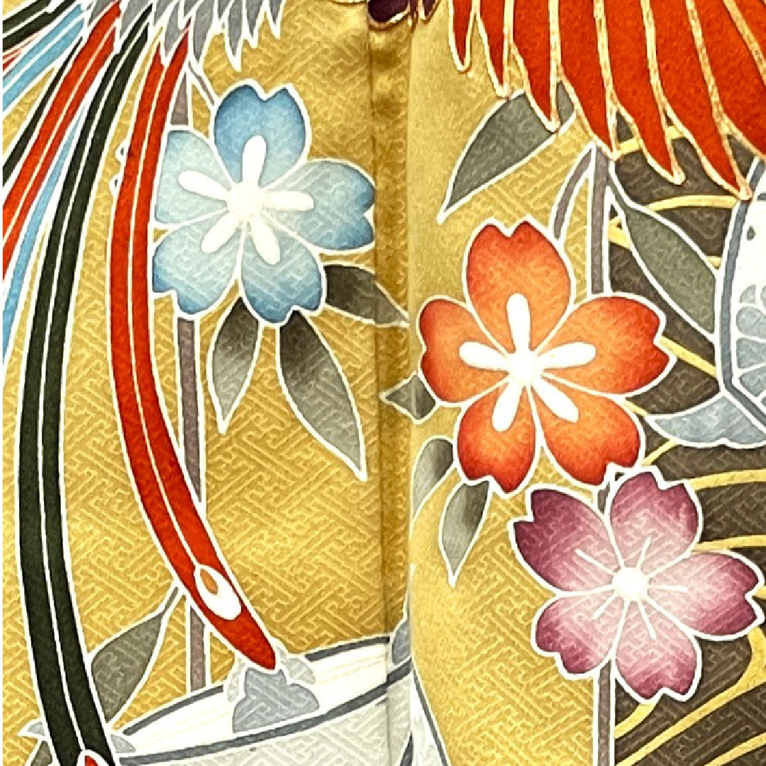 振袖 身丈157.5cm 裄丈65cm 袷 焦げ茶色 京友禅 鳳凰 糸巻き 波 正絹 Aランク 茶系 1113001543314