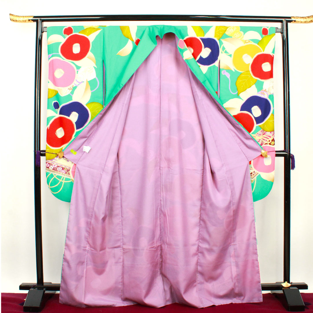 振袖 身丈169cm 裄丈67.5cm 袷 花緑青色 洗える着物 椿 ポリ Sランク 青系 1113001182517