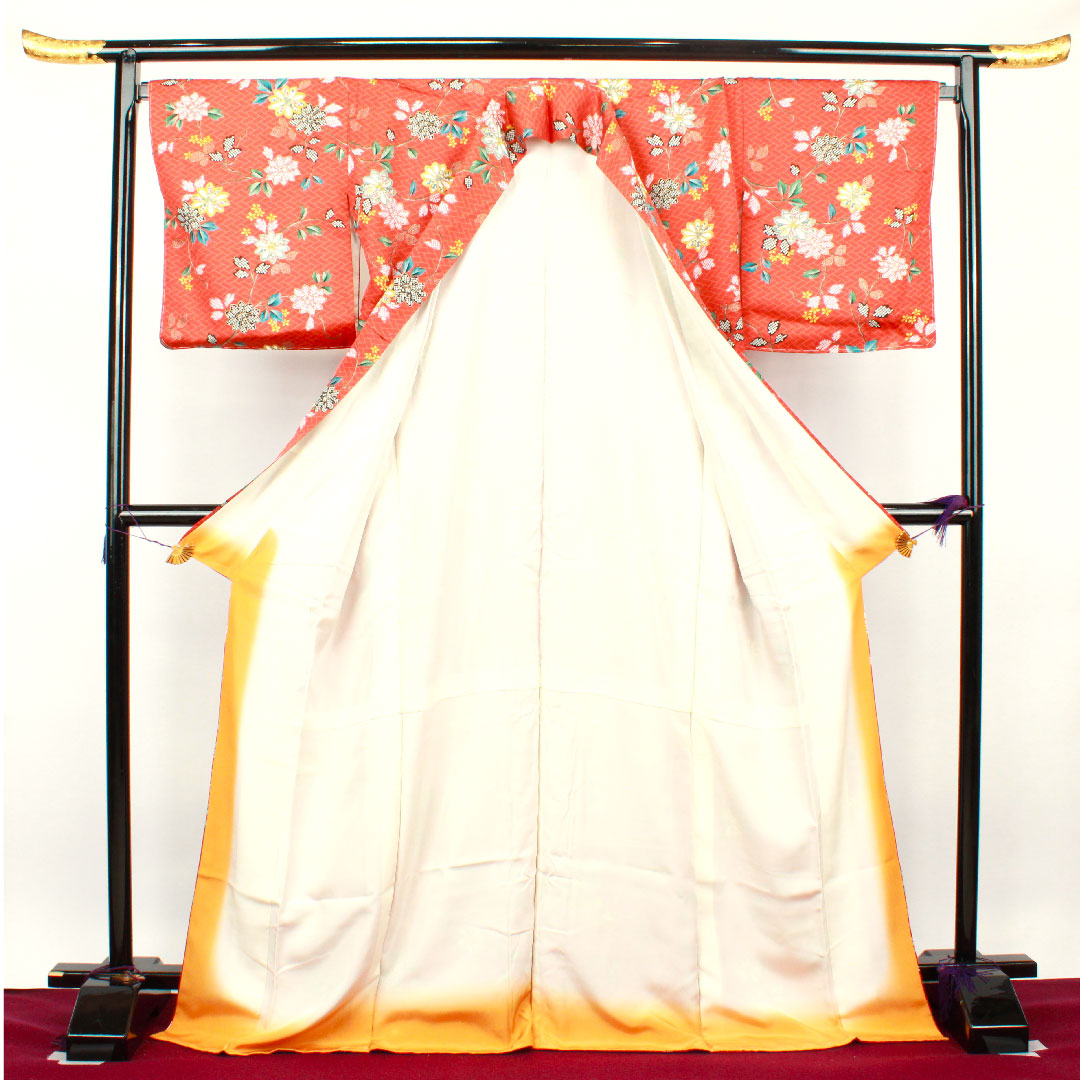 小紋 身丈175cm 裄丈65cm 袷 しつけ糸付き 銀朱色 草花模様 正絹 Sランク 朱系 1115002772816