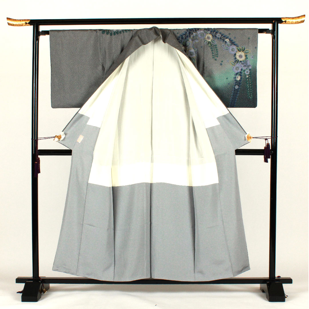 Homongi, lined, length 157cm, sleeve length 64cm, Tsujigahana, Oshima Tsumugi, pure silk, S rank, gray, 1112001282322