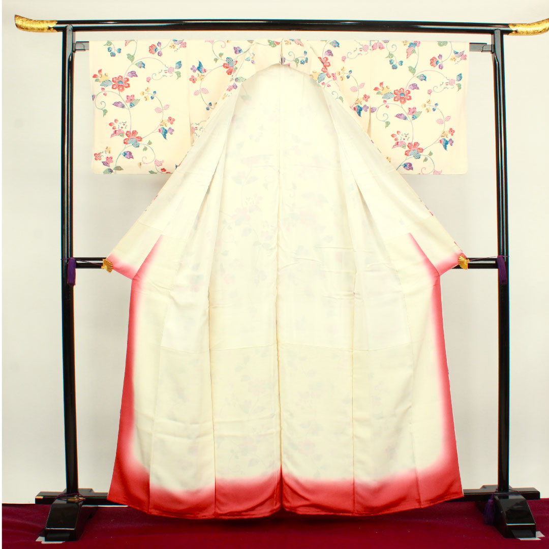 小紋 身丈161cm 裄丈64cm 袷 練色 草花模様 正絹 Aランク クリーム系 1115003123415