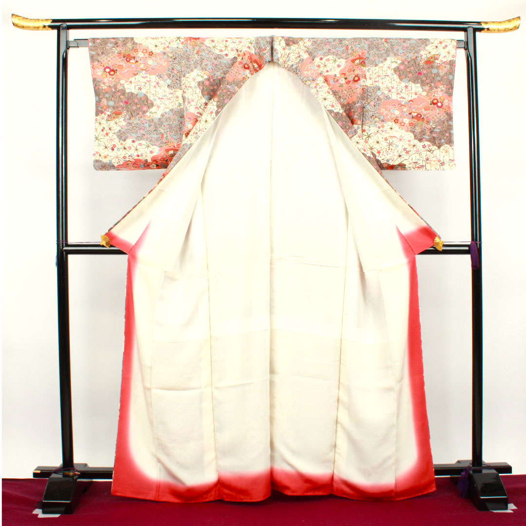 Komon, Length 164.5cm, Sleeve length 63cm, Awase, Neri-iro, Floral pattern, Pure silk, S rank, Cream color, 1115002832415
