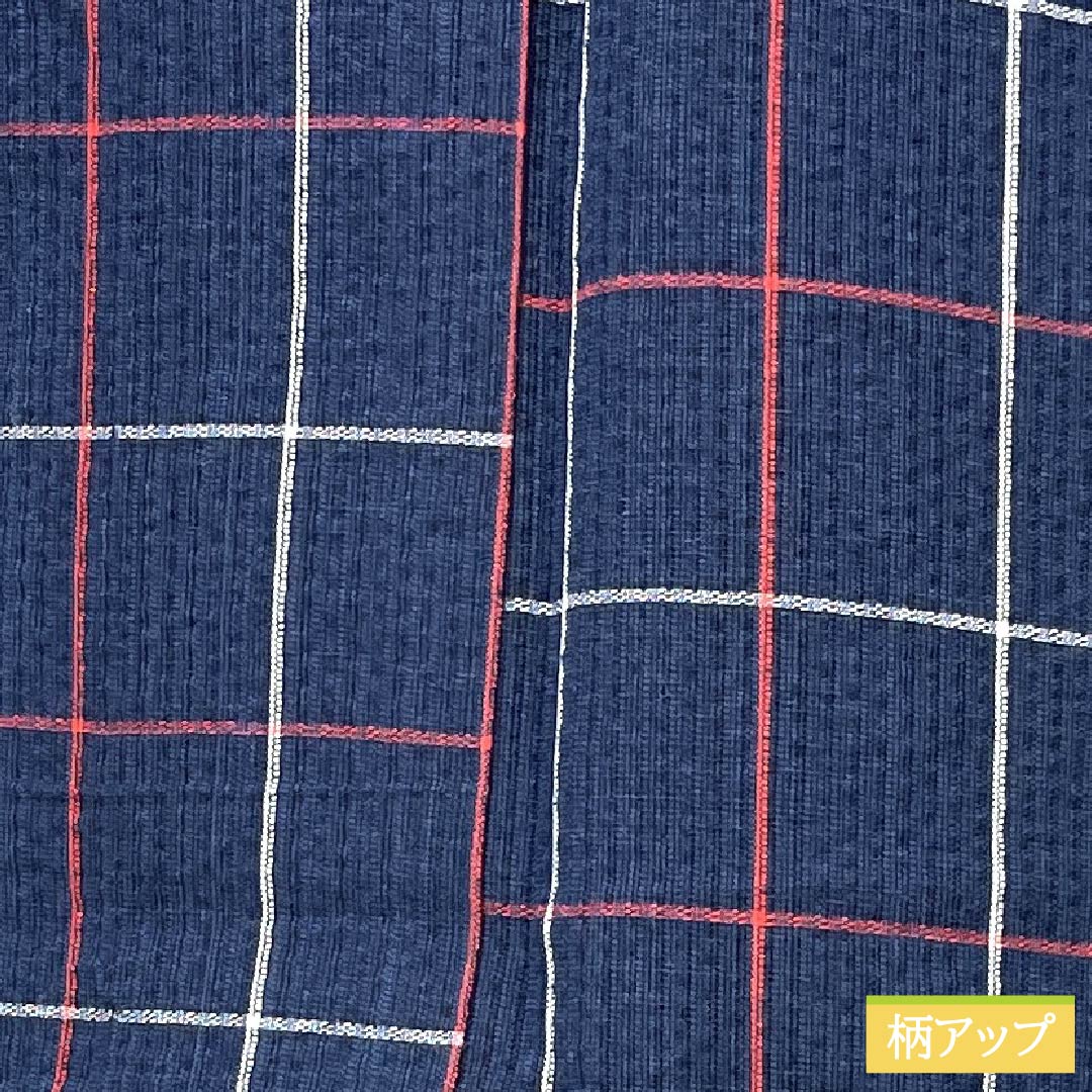 Cotton Yukata, Length 142cm, Sleeve Length 63cm, Rank B, Single Layer, Navy Blue, Shijira Weave, Red and White Check Pattern, 1118005834118