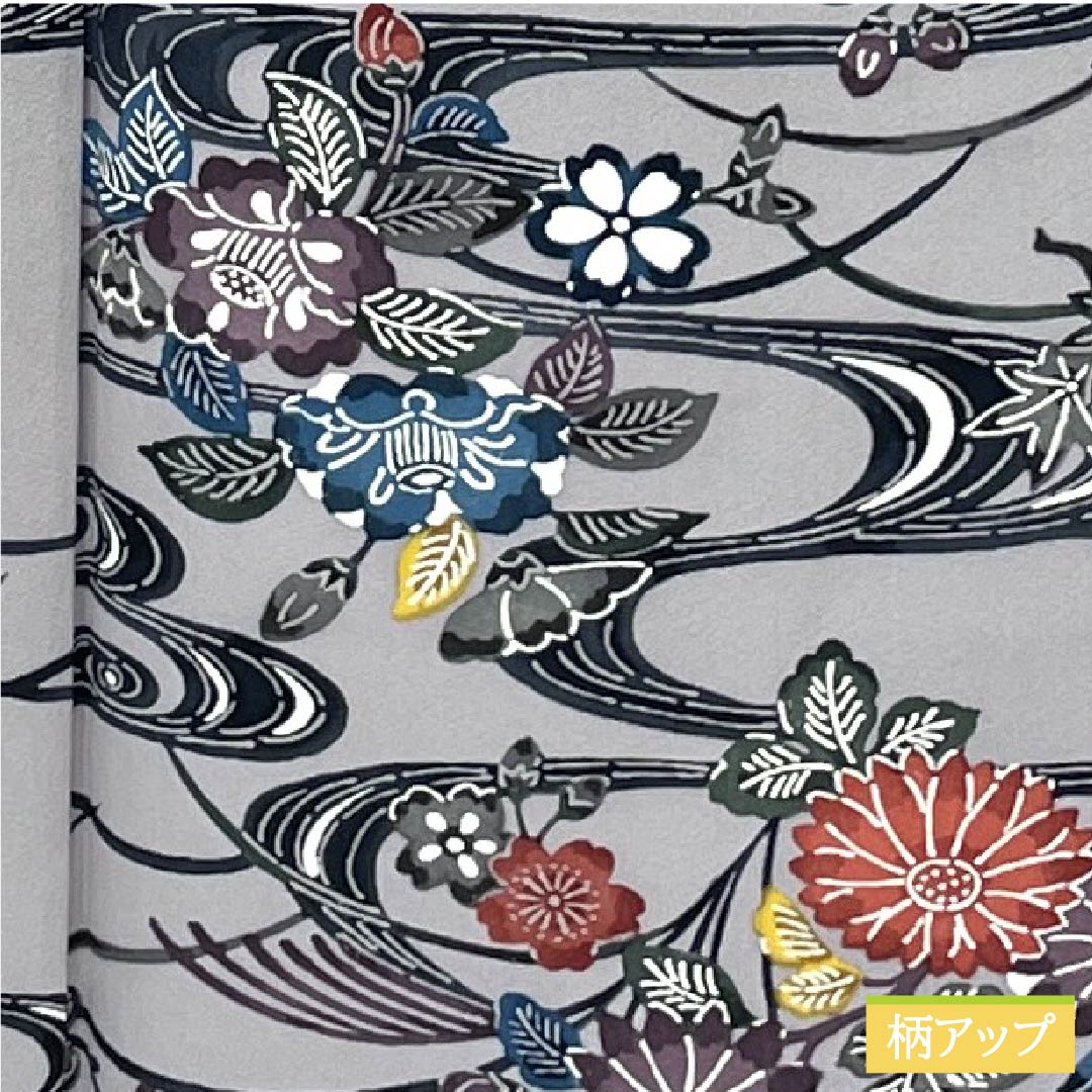 Komon silk, A-rank, length 157.5cm, sleeve length 62.5cm, lined, light ink color (usuzumiiro), Kyoto Bingata pattern, flowing water and floral pattern, gray tones, product number 1115006373322