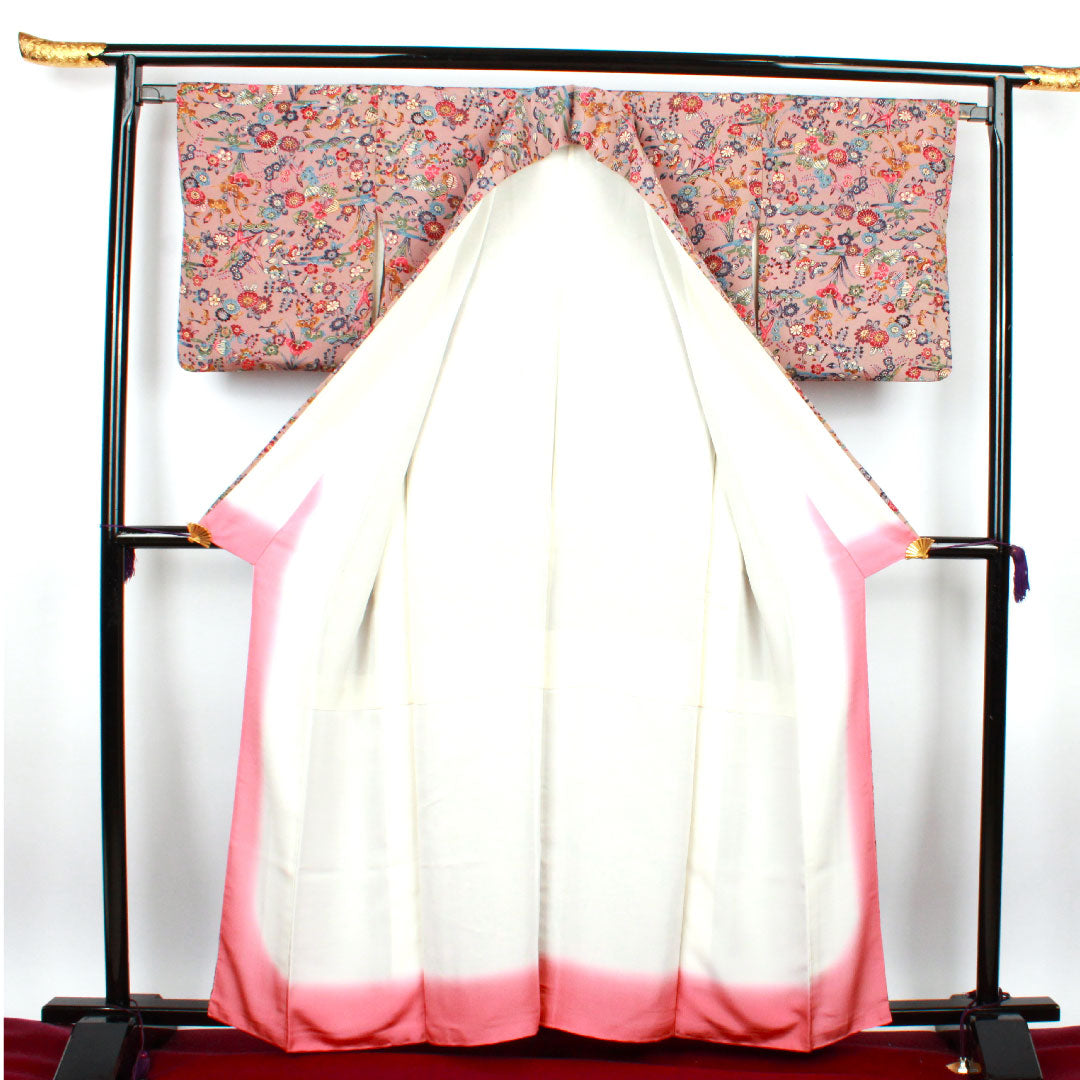 小紋 身丈159.5cm 裄丈64.5cm 袷 銀煤竹色 型染 草花模様 正絹 Sランク 朱系 1115002212316