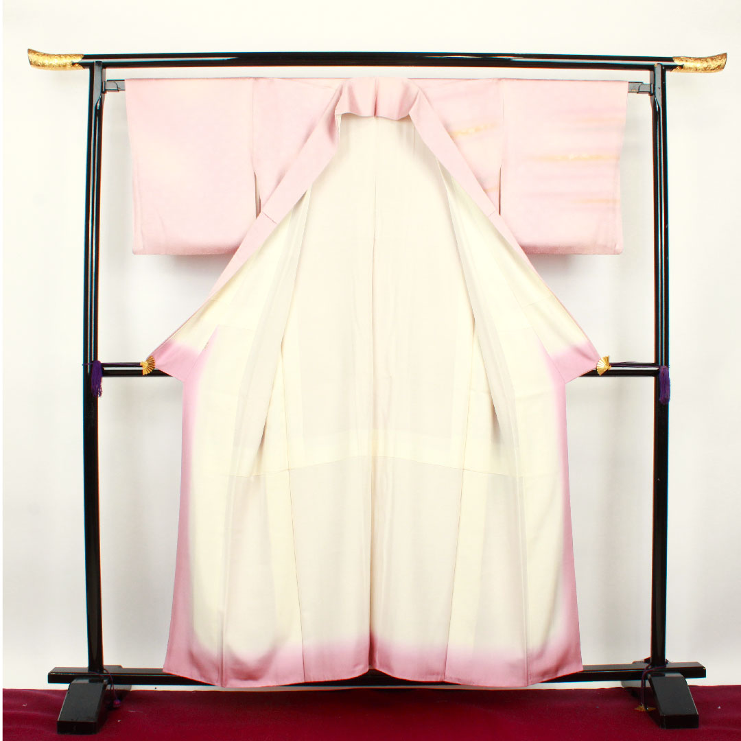 訪問着 袷 身丈157cm 裄丈64cm 退紅色 人間国宝 福田喜重 刺繍 人物模様 正絹 Sランク ピンク系 1112001892313