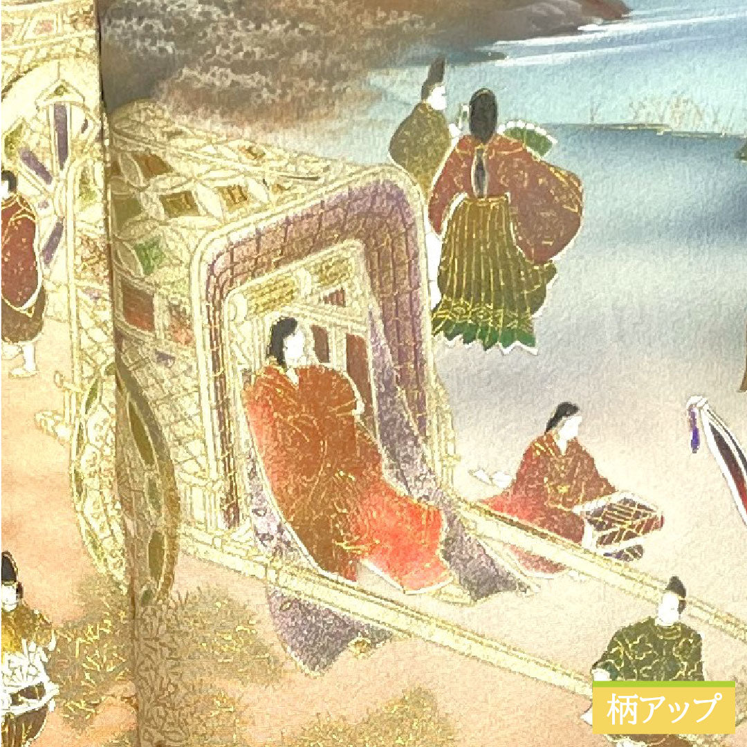 Colored Tomesode, pure silk, length 159.5cm, sleeve length 63cm, lined, red-orange, Kyoto Yuzen, historical figures and landscapes, one crest, sword and katabami, S rank, orange, 1111001422326