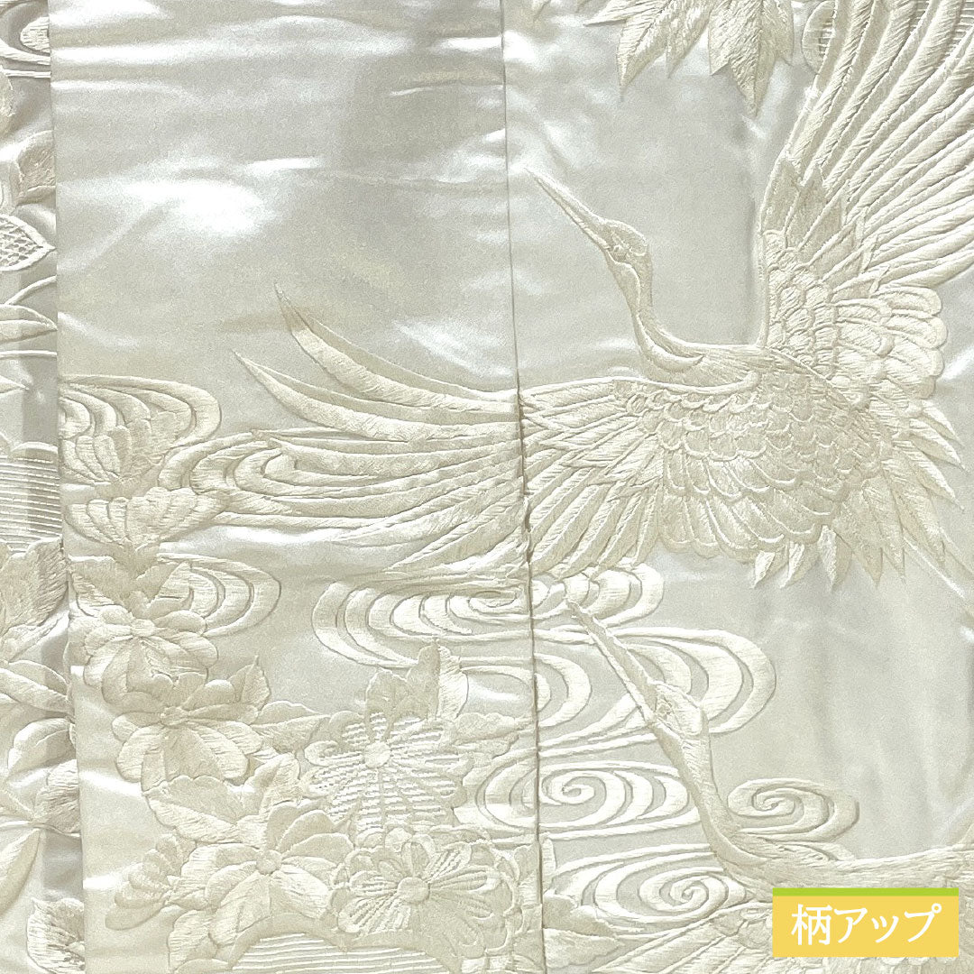 Shiromuku Kimono (White Kimono) - Pure Silk, Grade A, Length 180.5cm, Sleeve Length 64.5cm, Karaori Weave, Crane and Floral Pattern, Lined, White, 1110000983911