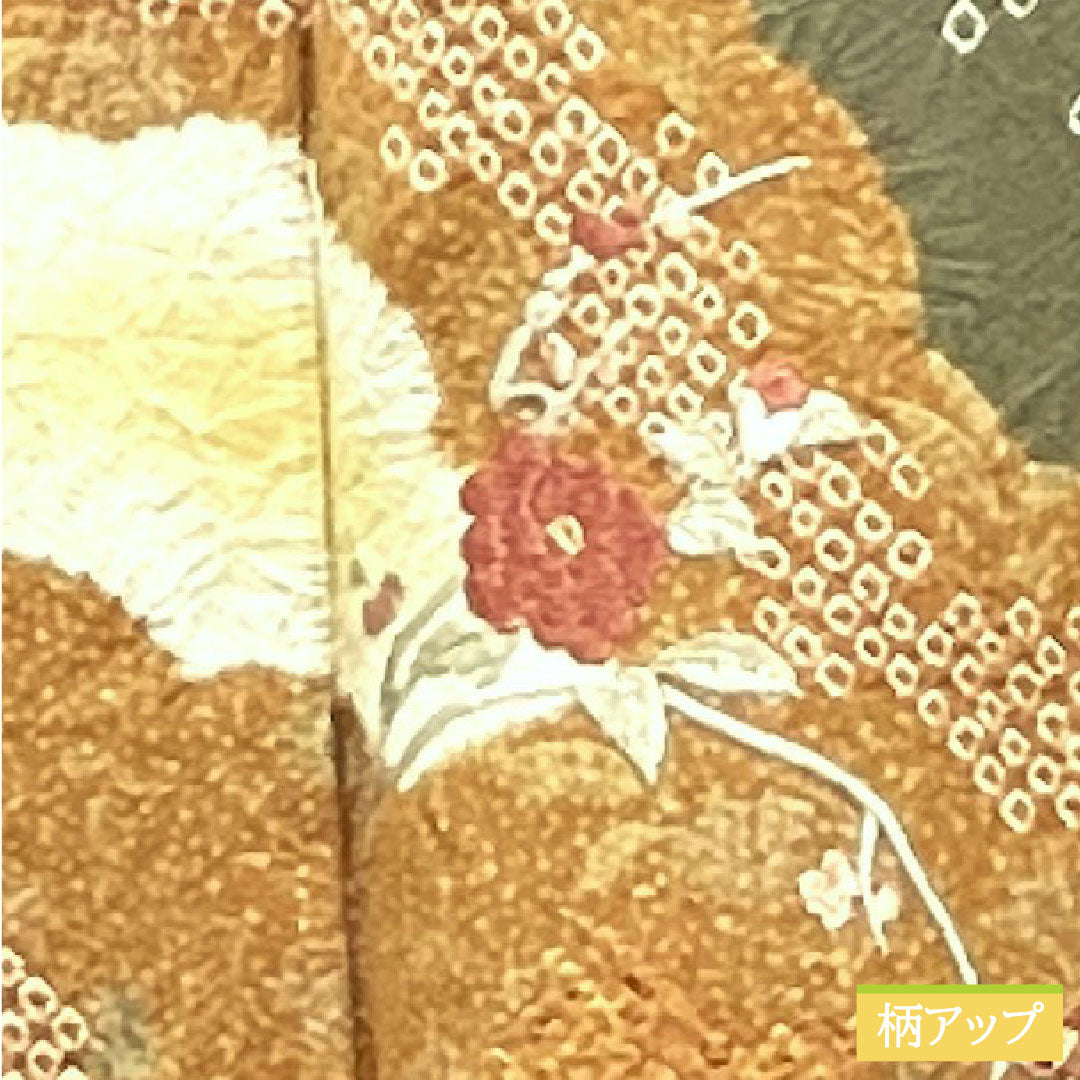 Homongi, pure silk, lined, length 162.5cm, sleeve length 66.5cm, sand color, embroidery, partial tie-dyeing, super bell guard, S rank, gray, 1112003632422