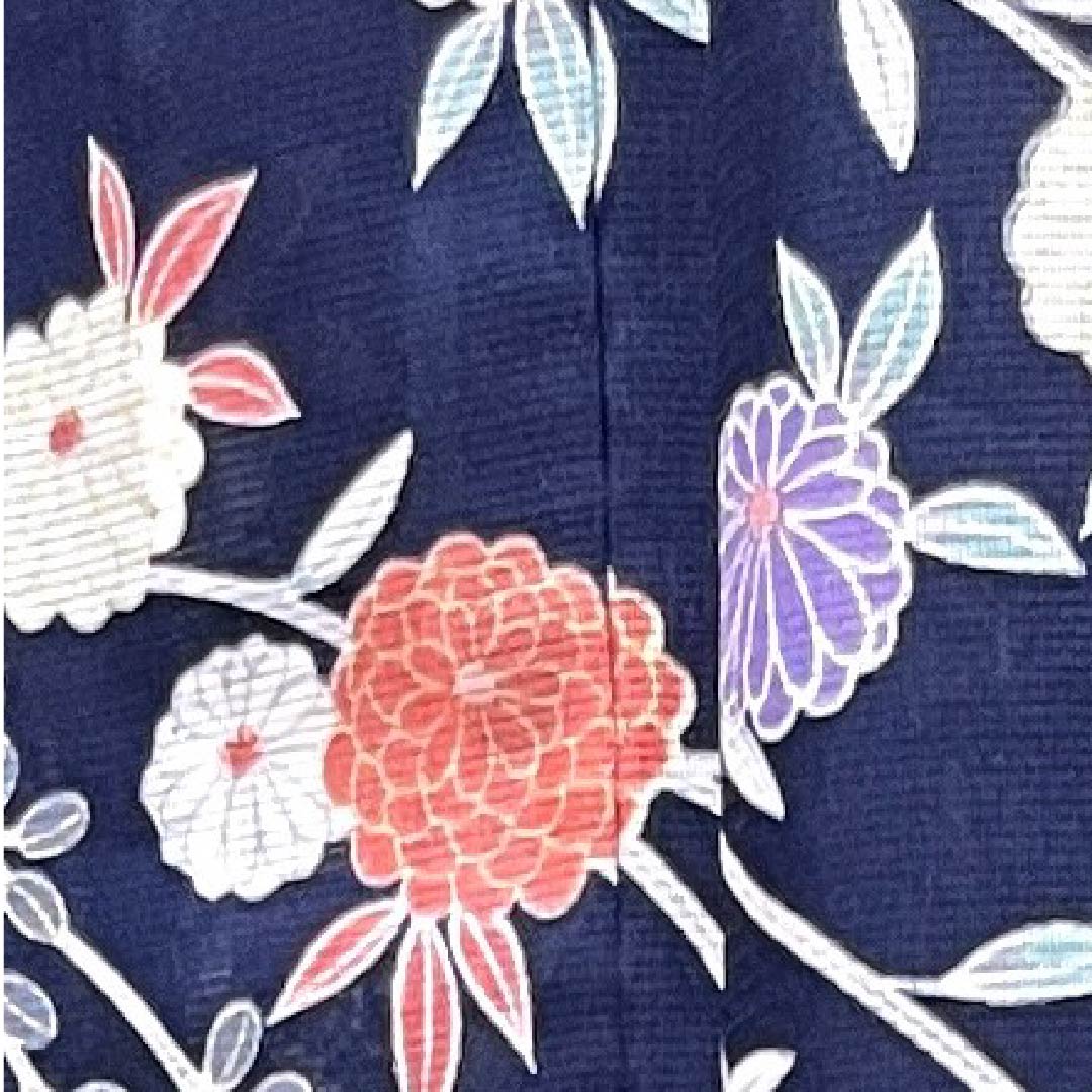 Summer polyester formal kimono, length 156.5cm, sleeve length 65cm, dark blue, chrysanthemum, silk, S rank, navy blue, 1132000102318