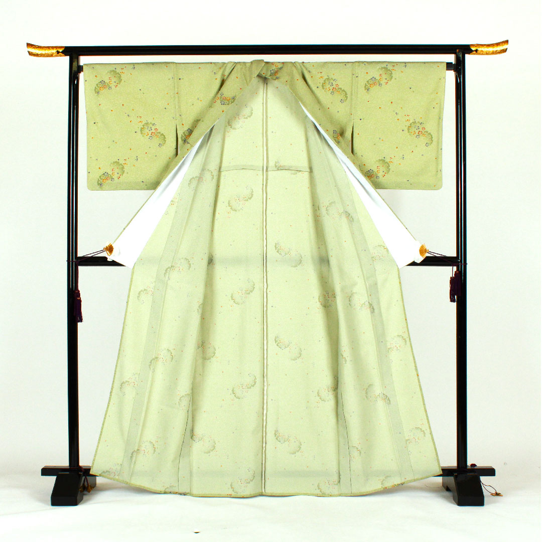 小紋 身丈166.5cm 裄丈69cm 単衣 桜 雪輪 洗える着物 ポリ Sランク 緑系 1115000792419