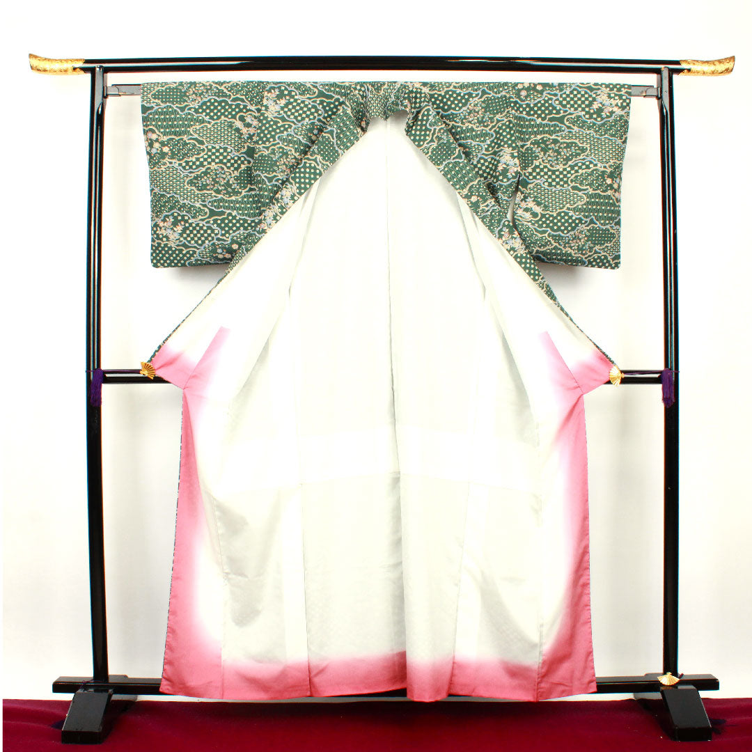 Small pattern, Length 160cm, Sleeve length 62.5cm, Awase, Light green, Washable kimono, Cloud pattern, Floral pattern, Polyester, S rank, Green, 1115002572419