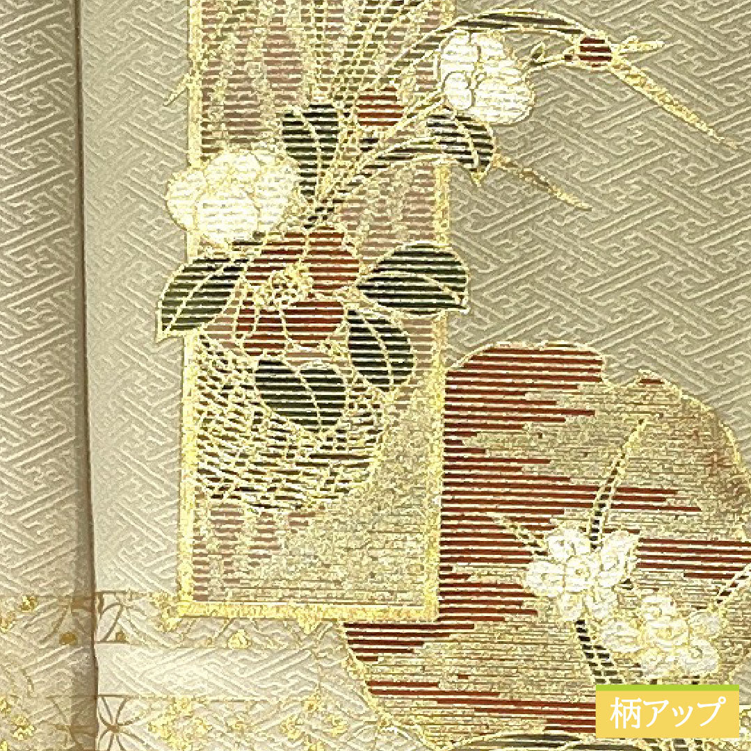 Homongi, pure silk, lined, length 161cm, sleeve length 61cm, white oak color, Kyoto Yuzen, auspicious pattern, A rank, gray, 1112005913422