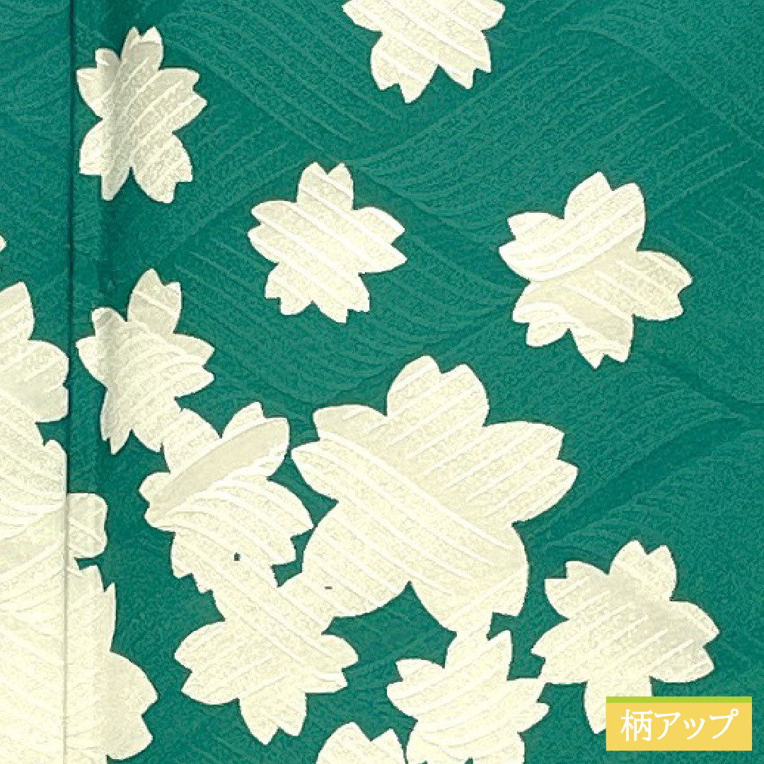 Homongi (formal kimono) made of polyester, lined, length 159cm, sleeve length 62cm, peacock green, washable kimono, cherry blossom, S rank, green, 1112005372319