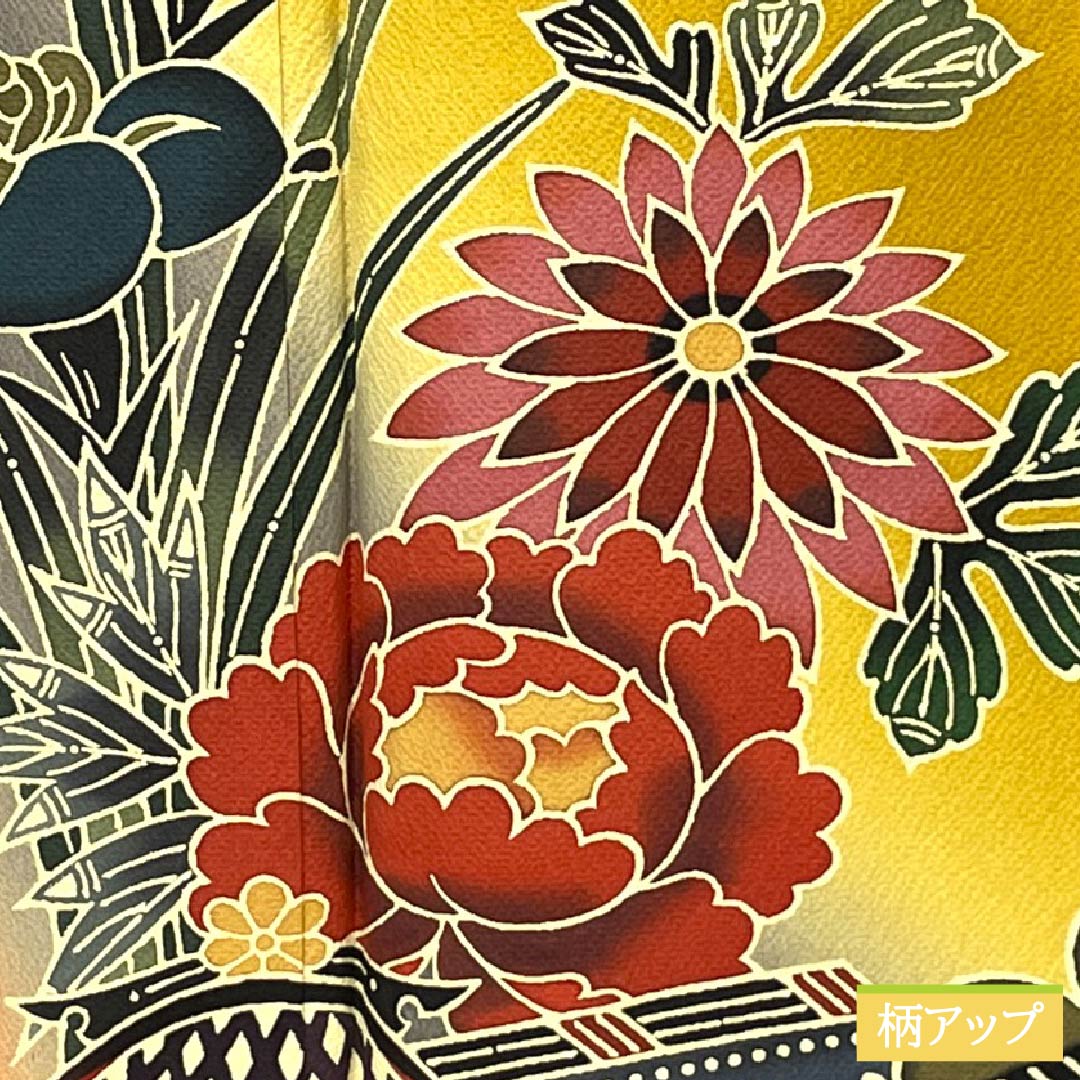 Furisode Pure Silk S Rank Length 164cm Sleeve-to-sleeve 67cm Lined Wheat-colored Kyoto Red Dye Auspicious Design Butterfly Pine Pearl Tone Processing Orange system 1113002332426