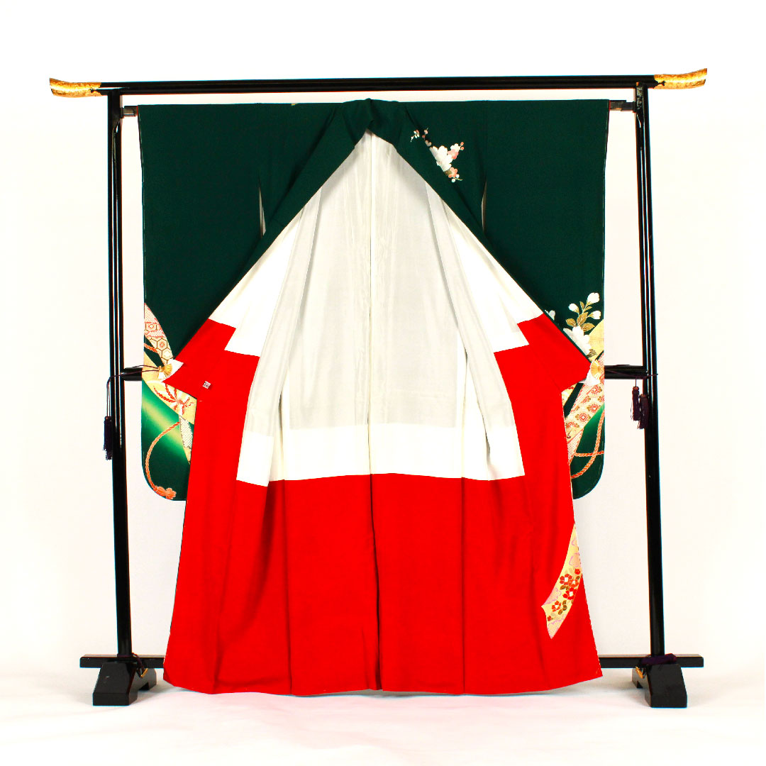 Long-sleeved kimono, length 165cm, sleeve length 65cm, lined, Imperial carriage and flower pattern, pure silk, S rank, green, 1113000502519