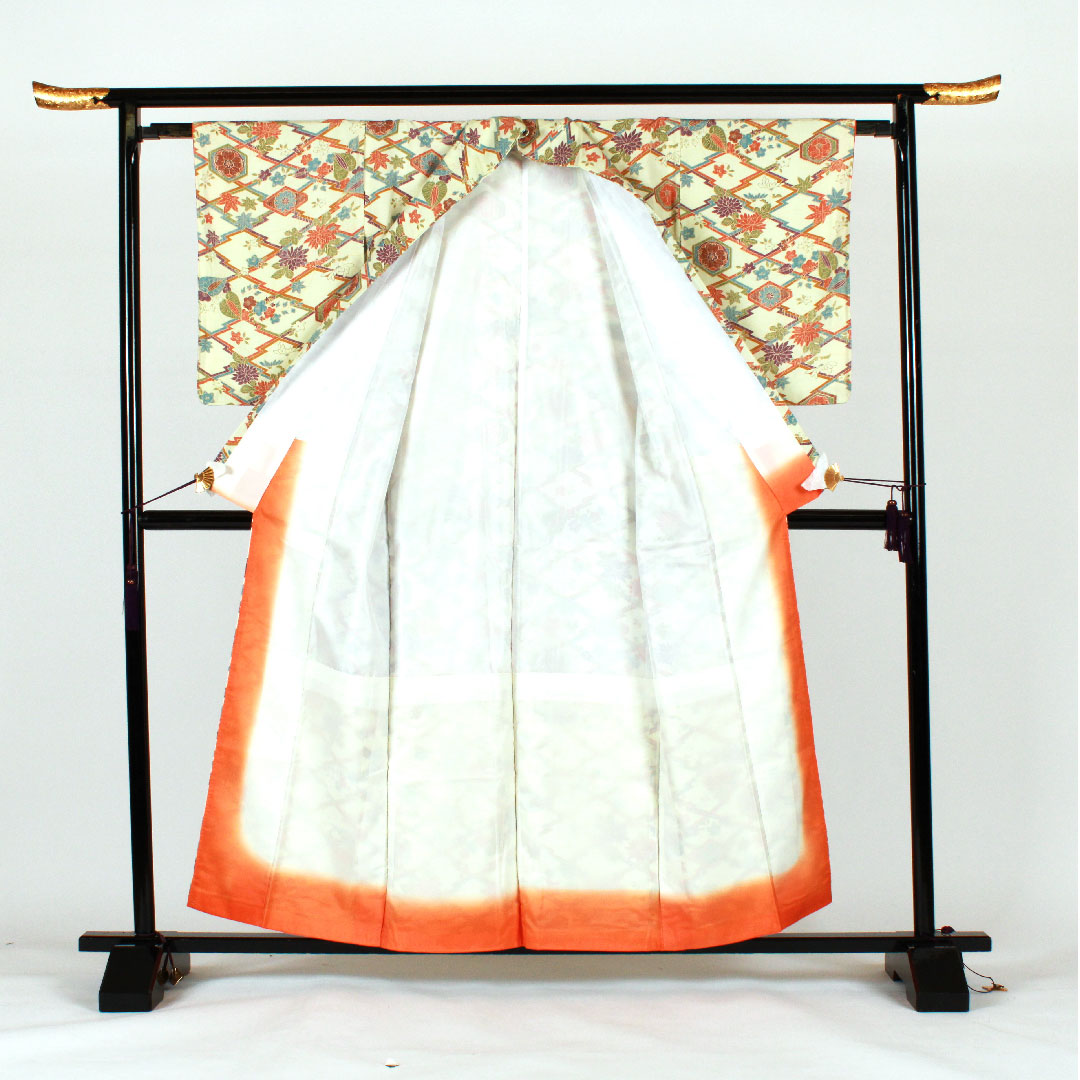 小紋 身丈157.5cm 裄丈64cm 袷 松皮菱 古典柄 ポリ Sランク クリーム系 1115000712315