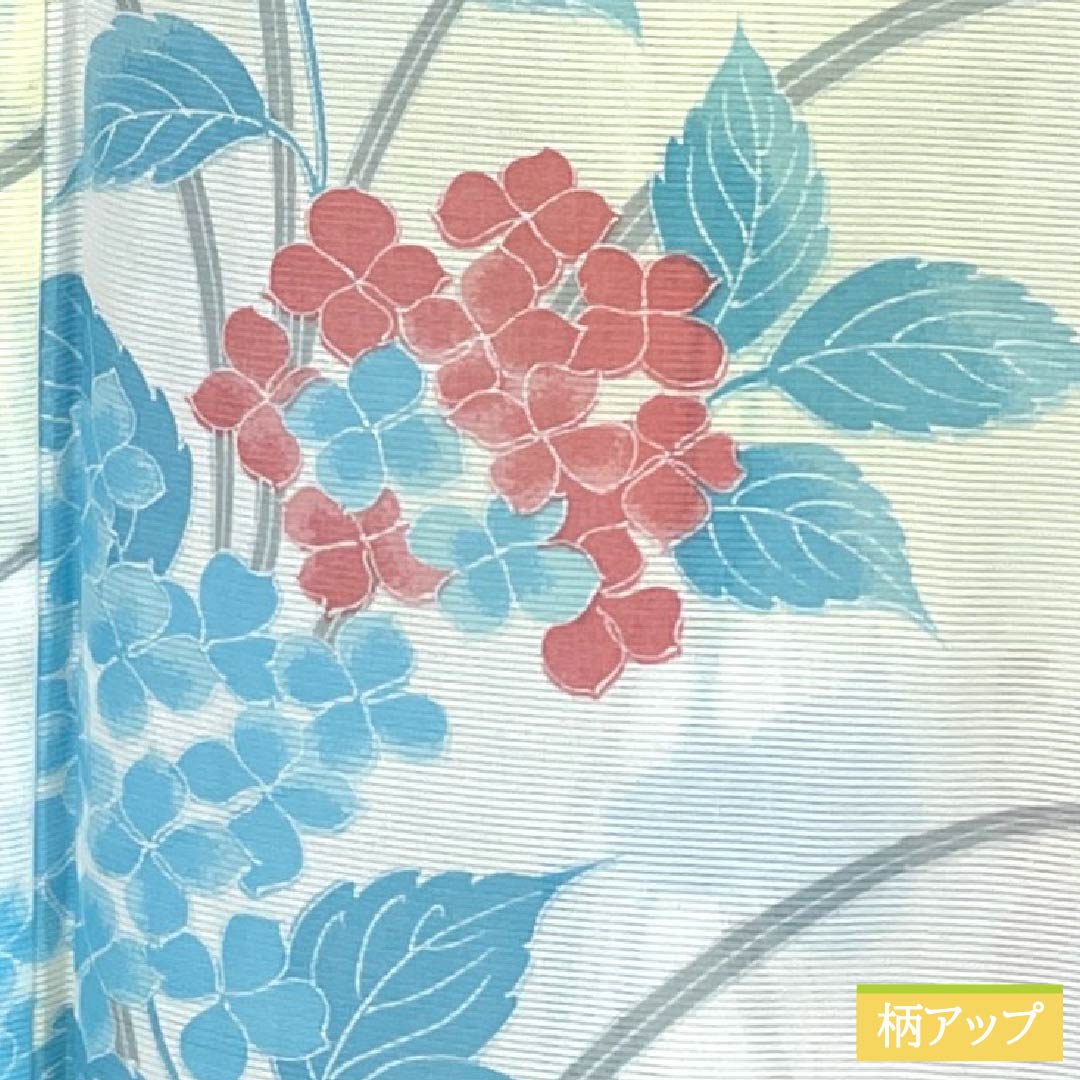 夏物 ポリエステル 小紋 Aランク 身丈159.5cm 裄丈63cm タタキ染 型染 紫陽花 洗える着物 絽 黄系 1132004943323