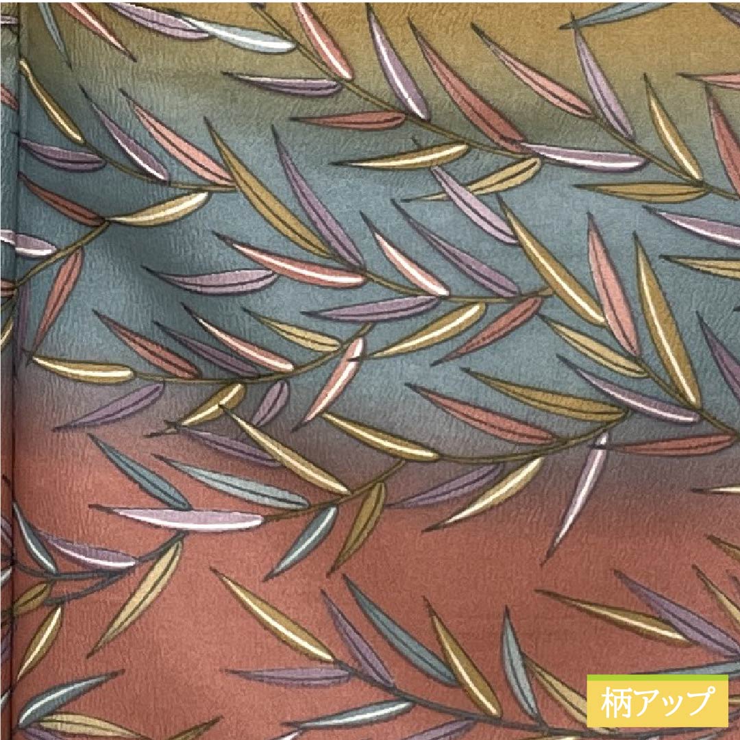 Komon (small pattern) kimono, polyester, length 164.5cm, sleeve length 67cm, lined, Choshun-iro (Choshu-iro), Rakko-iro (Rakko-iro), Aito-no-chairo (Aito-no-chairo), bamboo leaves, horizontal stripes, S rank, gradient, product number 1115006252499