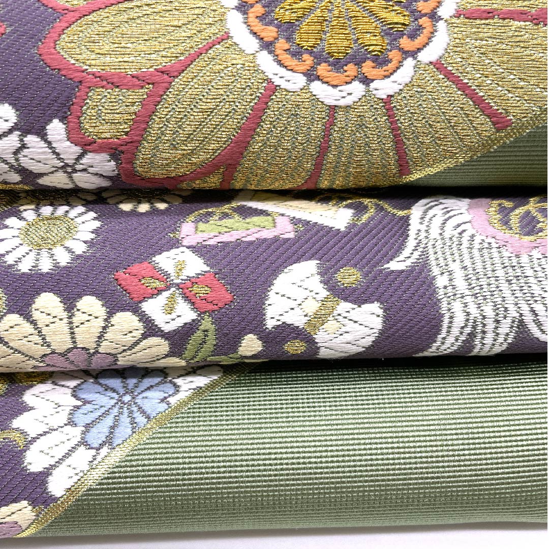 Fukuro Obi (wasabi color) with treasures and floral patterns, Takashima Orimono, obi length 435cm, pure silk, S rank, six-pass, semi-formal, green, 1123007162319