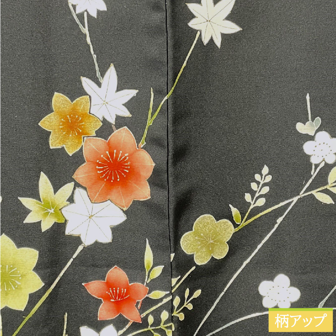 Haori, pure silk, length 78cm, sleeve length 64cm, black haori, Kyo-Yuzen, plum, autumn leaves, A rank, lined, black, 1117000793910