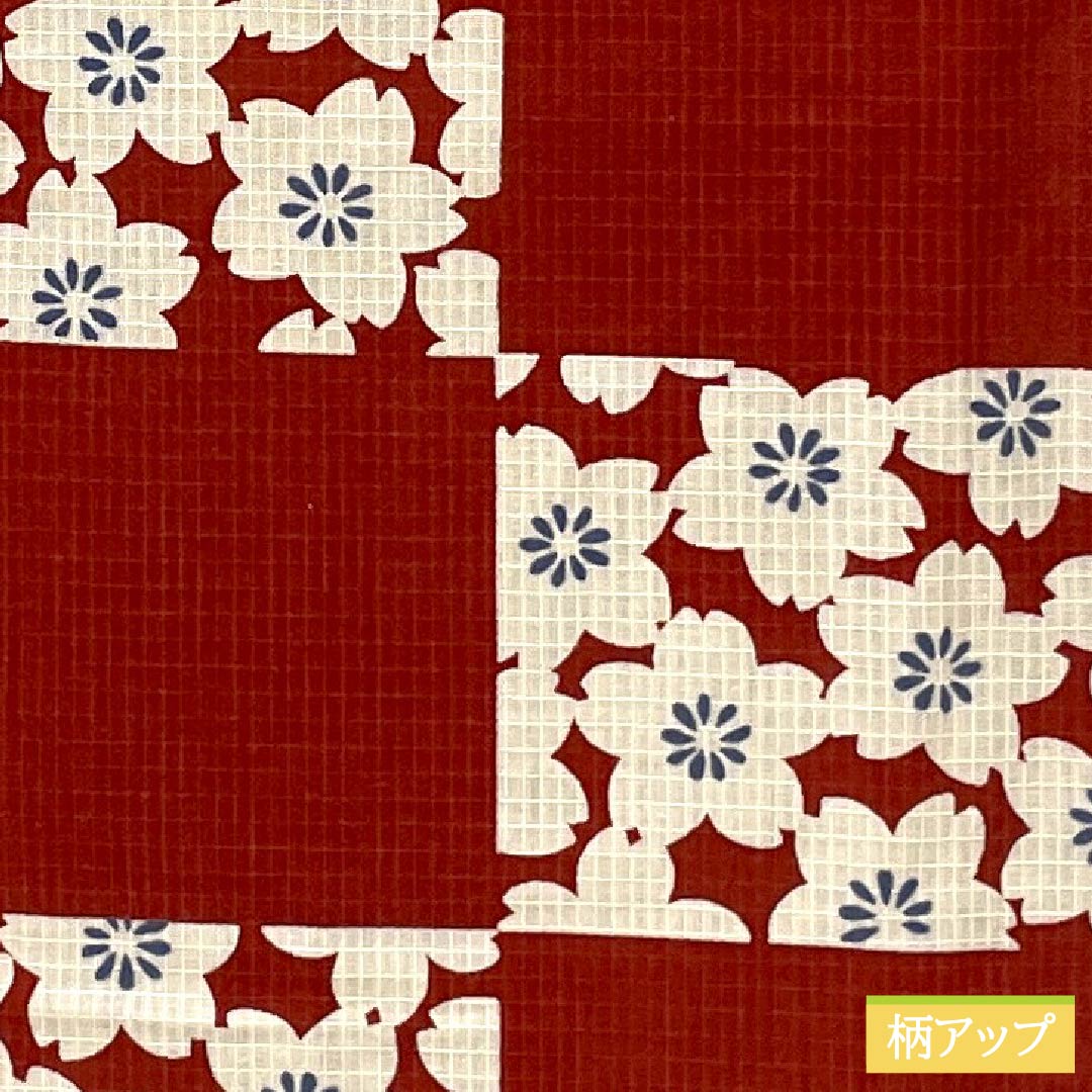 Yukata Cotton Length 157cm Sleeve length 67cm B rank Single layer Vermilion Deep maple color (Koimomijiiro) Checkered pattern Cherry blossoms Fumatsuan 1118005524316